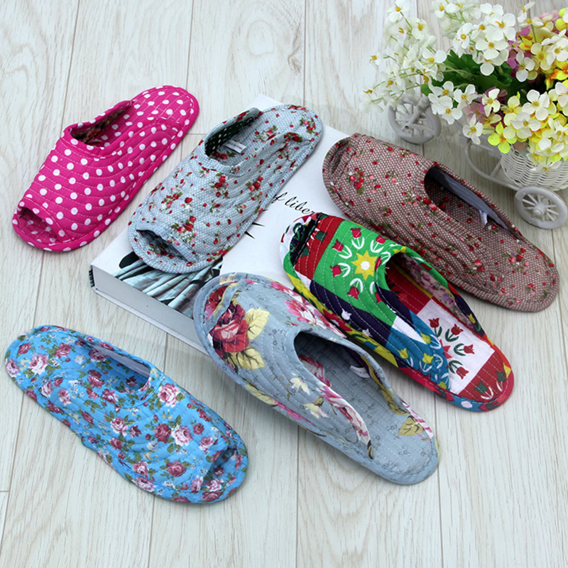 New indoor Korean mute home printed quilted slippers non-slip exposed toes
