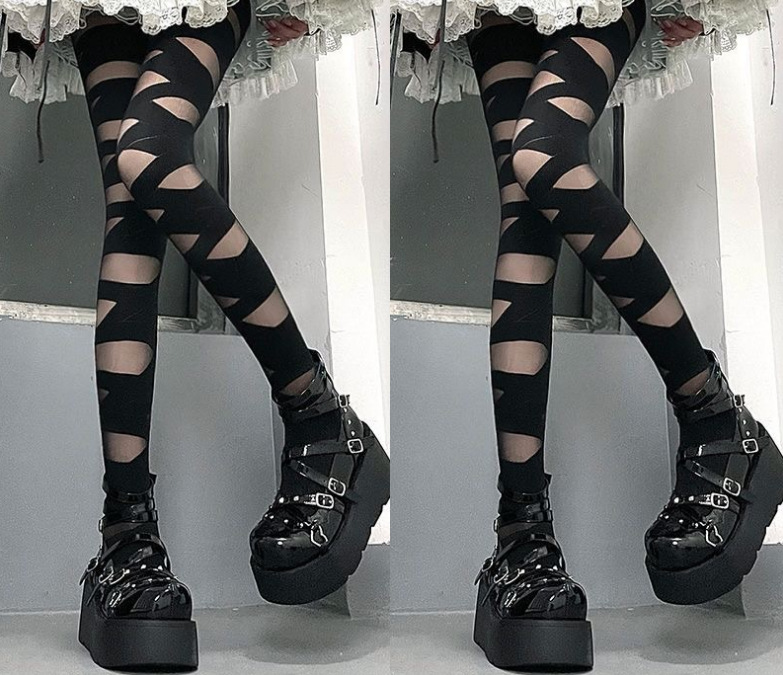 Y2g Asian culture hot girl black and white bandage long over-the-knee stockings women's lace-up pile Lolita socks thin