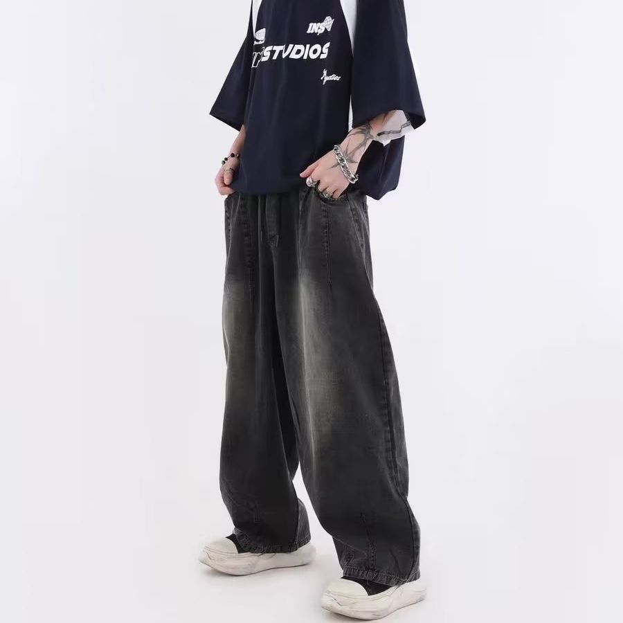 Japanese style cityboy national fashion brand couple American gradient washed jeans loose wide leg pants straight pants men