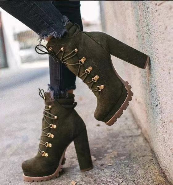 Cross-border Foreign Trade Large Size 2021 Autumn and Winter AliExpress High-heeled Lace-up Rivet Ankle Boots European and American Suede Martin Boots