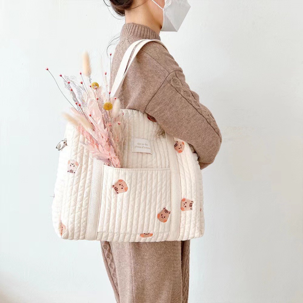 ins Korean Style Cotton Quilted Mummy Bag Tote Bag Zipper Large Capacity Baby Stroller Hanging Bag Diaper Finishing Bag