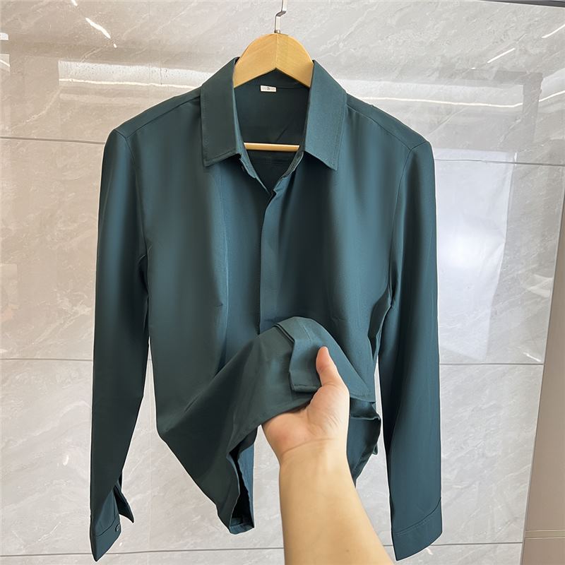 Autumn seamless hidden buckle white shirt men's draping long sleeve hair stylist pure white loose casual chiffon shirt fresh