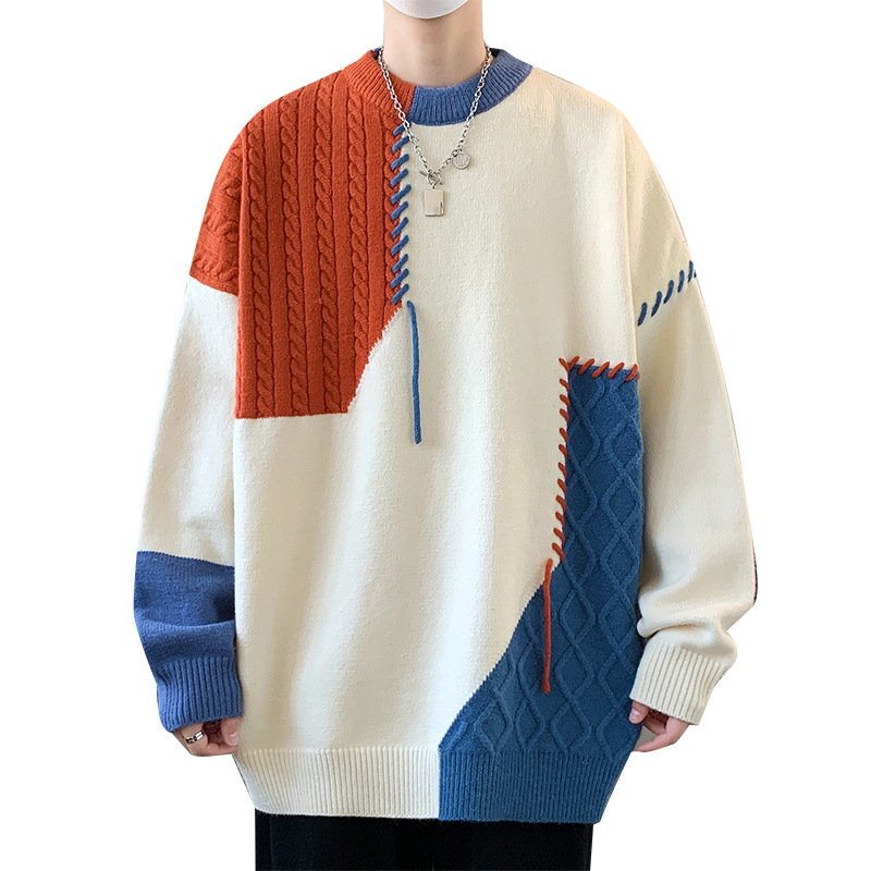Anyang Contrast Color Crewneck Sweater Men's Autumn and Winter New Fashion Brand Knitwear Lazy Style Design Sense Loose Couples Sweater