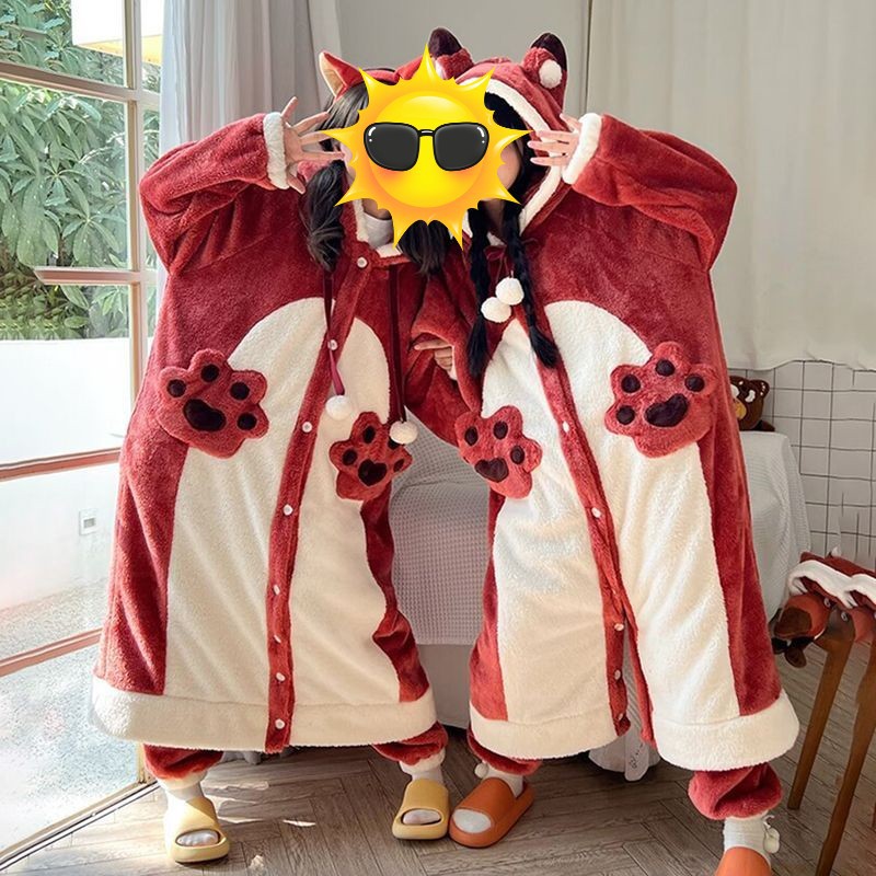 Internet Celebrity Autumn and Winter Warm Little Fox Nightgown Women's Cute Girl's Velvet Thickened Loose Student's Long Pajamas for Women