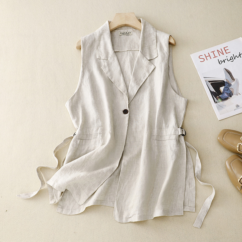 2024 new summer style large size cotton and linen vest mid-length thin sleeveless suit vest with loose women's waistcoat