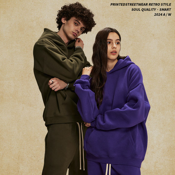 2025 autumn and winter new oversize thickened hooded tide brand men's sweater American pullover 350g solid color sweater men