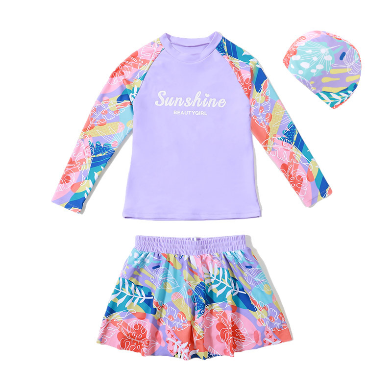 Children's Swimsuit Girls' Middle and Big Children's Split Swimsuit for Chubby Children Quick-drying Sunscreen Solid Color Floral Hot Spring Swimsuit for Summer