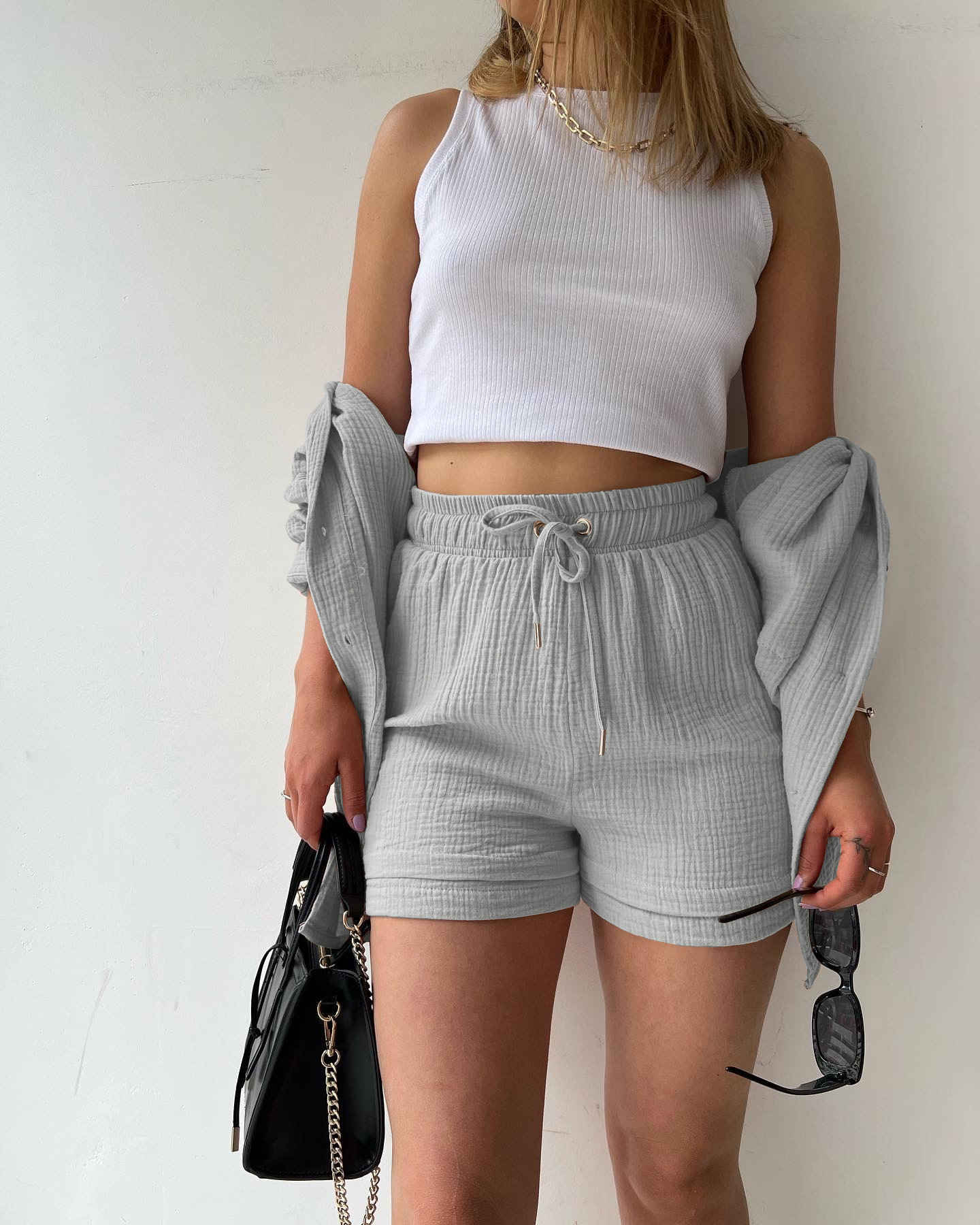 2023  European and American Women's Wrinkled Lapel Long Sleeve Shirt High Waist Drawstring Shorts Fashion Casual Two-Piece Set_voghion.com