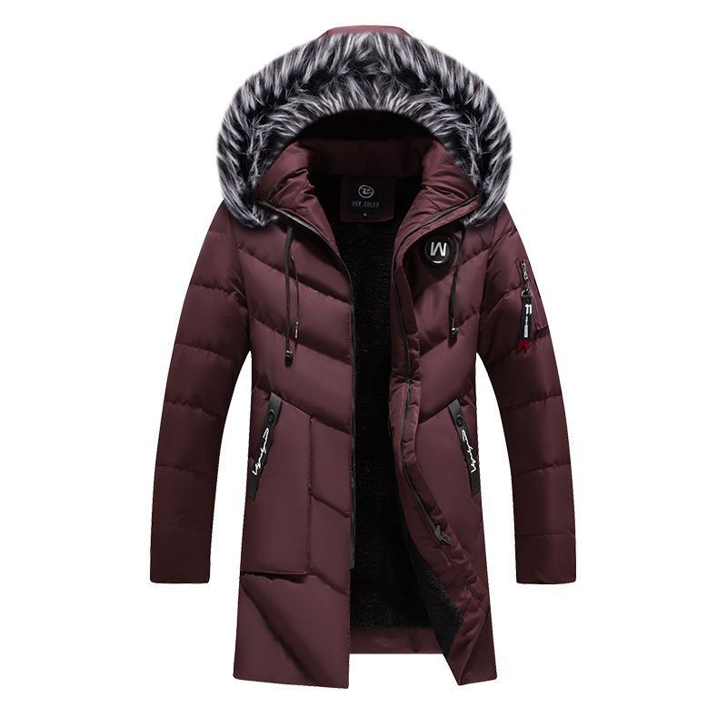 Winter Hooded New Men's Mid-length Cotton-padded Jacket Cross-border E-commerce Solid Color fleece-lined Thickened Slim-fit Cotton-padded Jacket for Men