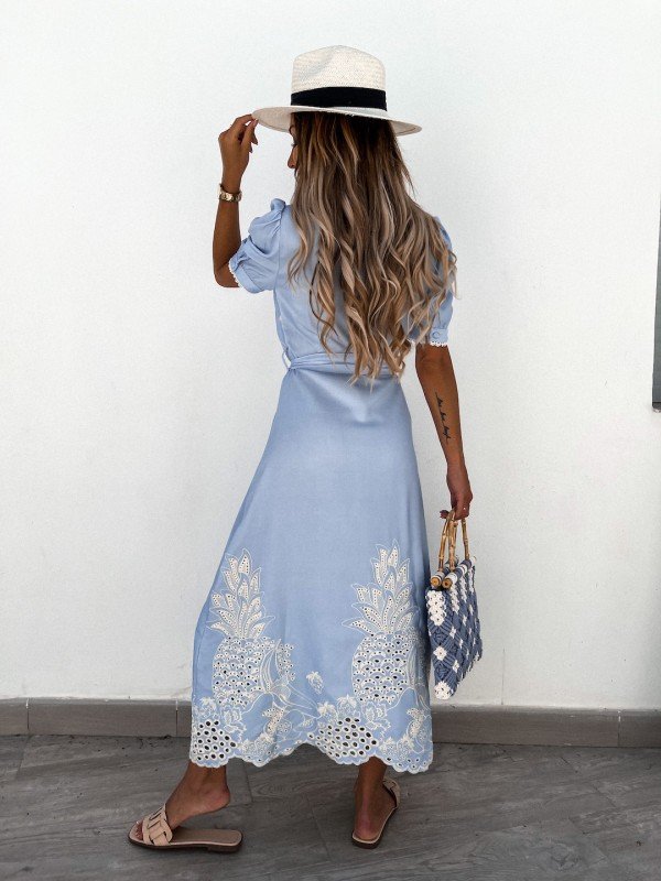 European and American Women's Amazon Summer New Hollow Short-sleeved Belted Large Waist Dress