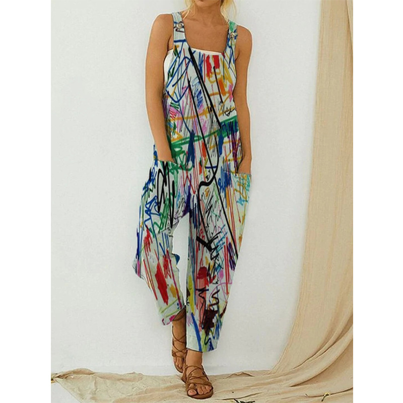 2023 Cross-border Amazon Summer New Women's Foreign Trade Retro Abstract Printed Women's Strap Large Size Jumpsuit