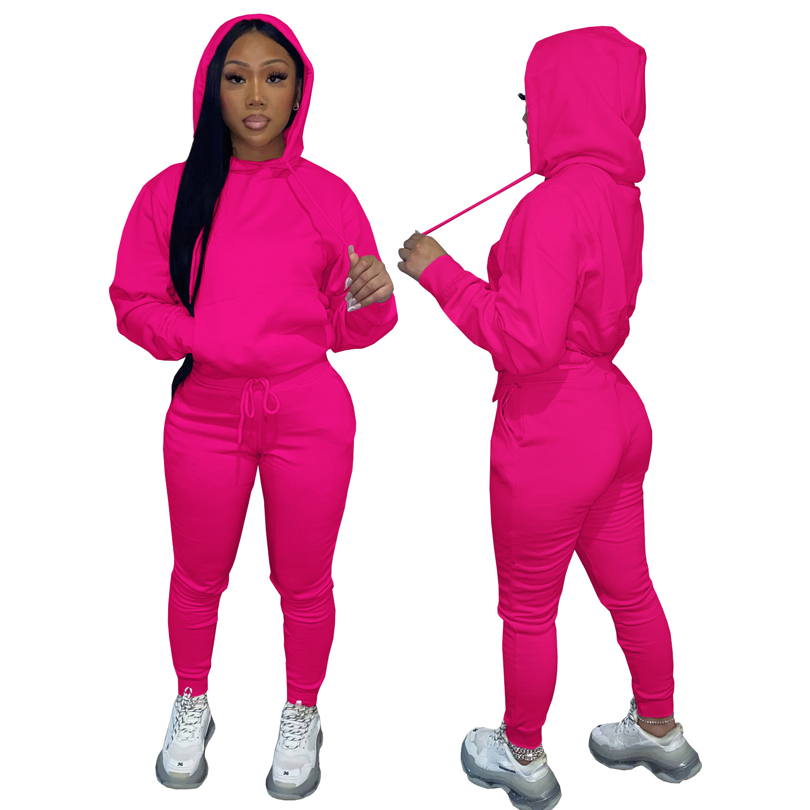 HR8197 European and American women's clothing  independent station supply autumn and winter plus velvet drawstring hooded two-piece set_voghion.com