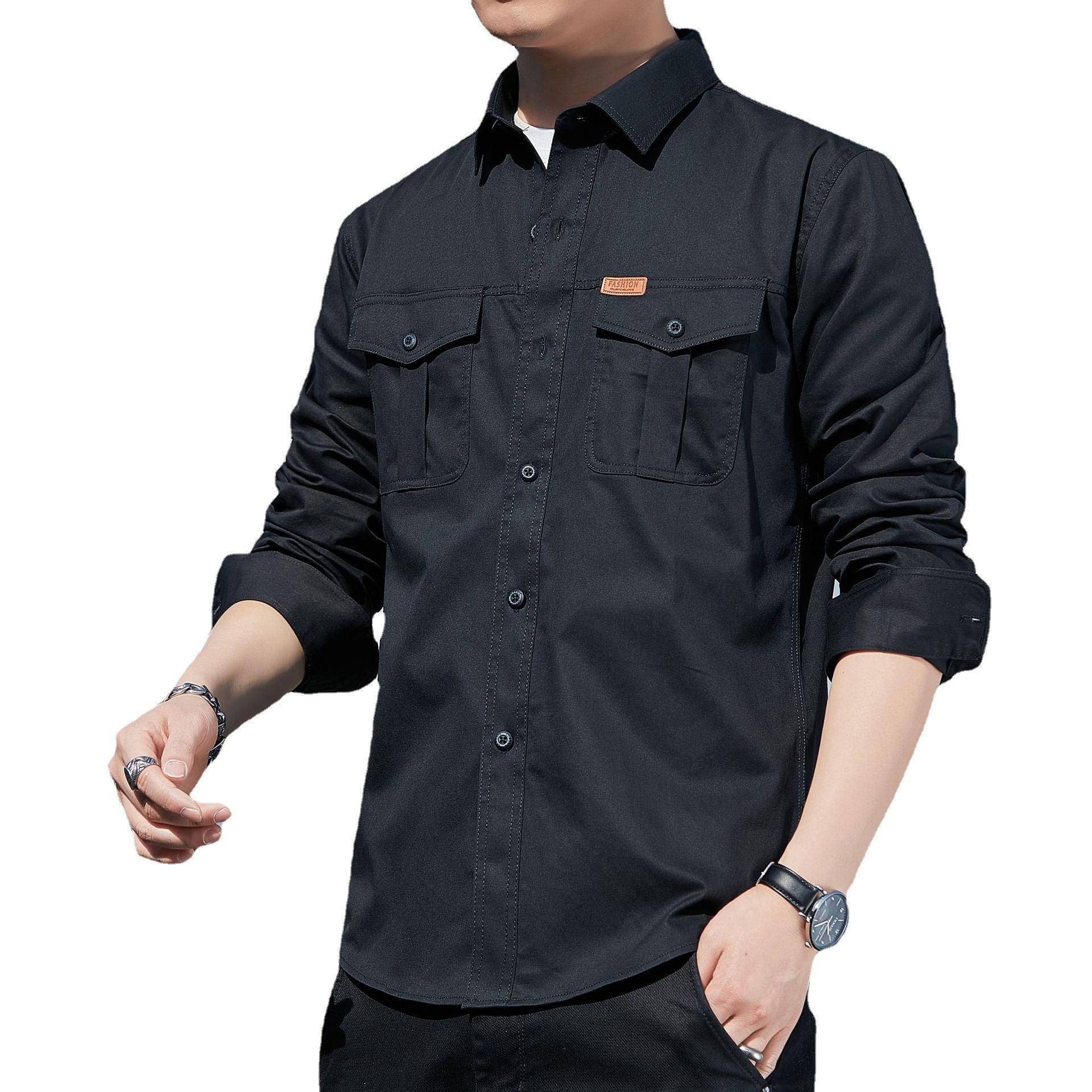 2023 Cotton Washed Men's Casual Double Bag Shirt Long Sleeve Spring and Autumn Youth Casual Square Collar Shirt Work Wear