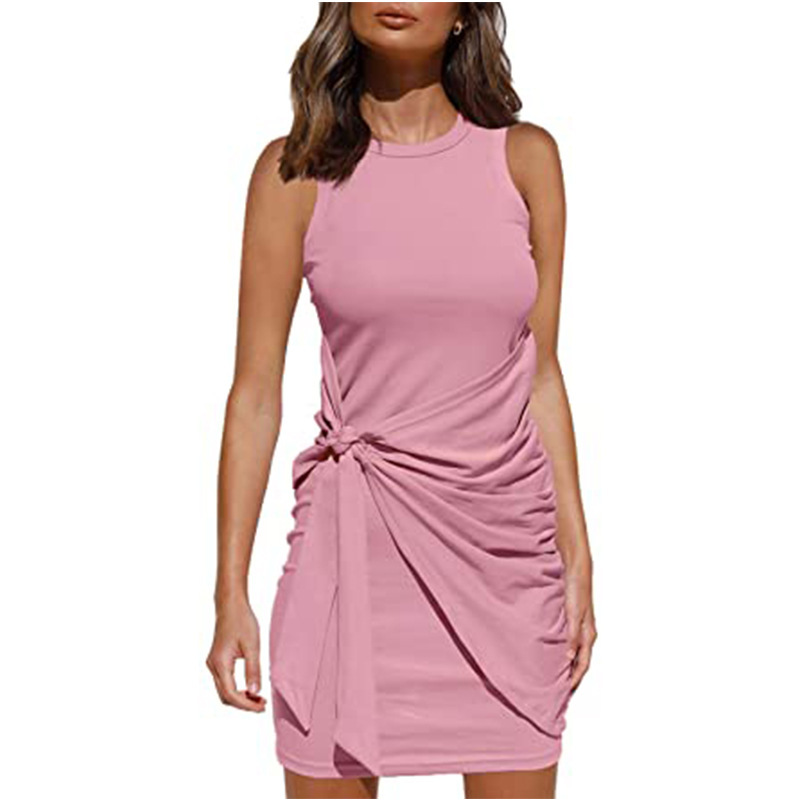 New 2021 European and American Amazon Hot Sleeveless Crewneck Pleated Bow Belt Irregular Dress