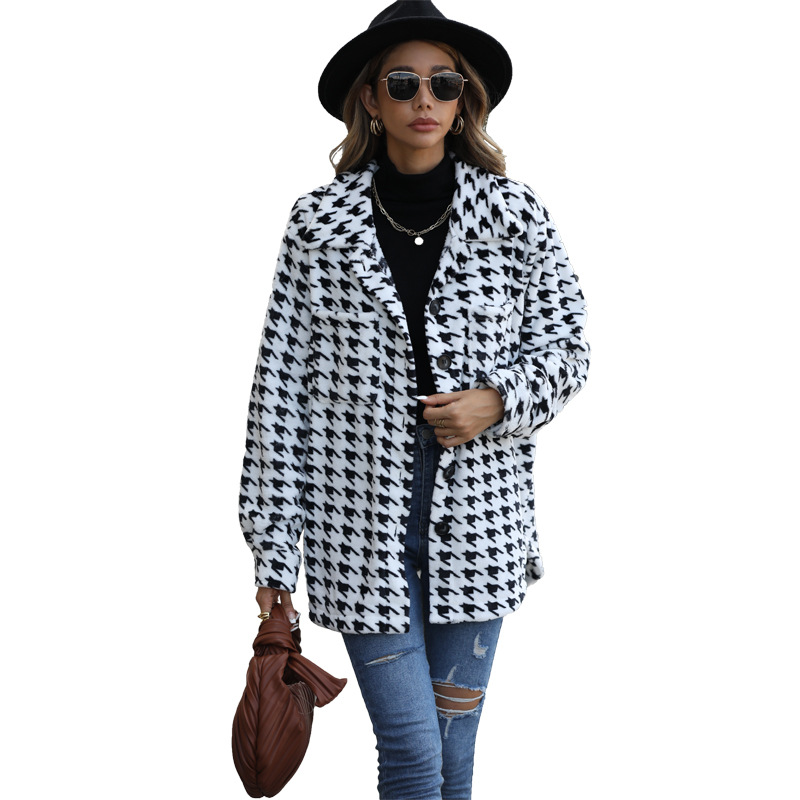 Flash velvet autumn new casual plush women's long sleeve loose houndstooth mid-length flannel suit collar coat_voghion.com