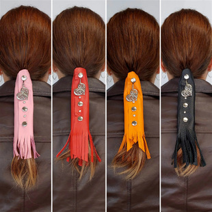 Personalized leather hair tail leather cover leather ponytail hair accessories metal accessories decoration famous family style hair rope hair band