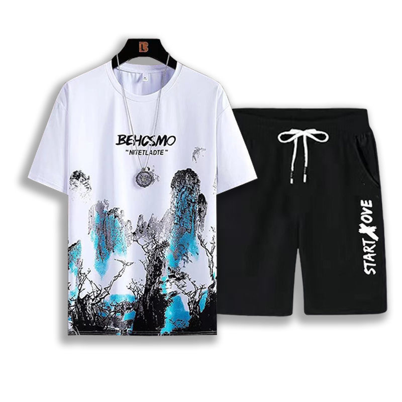 Summer Men's Fashion New Fashionable Brand Ice Silk Suit ins Casual Summer All-match Teenagers Men's Loose T-shirt