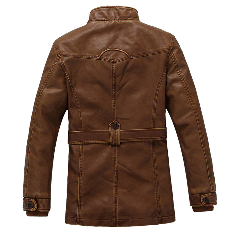2023 autumn and winter men's mid-length slim-fit retro stand collar leather casual jacket jacket