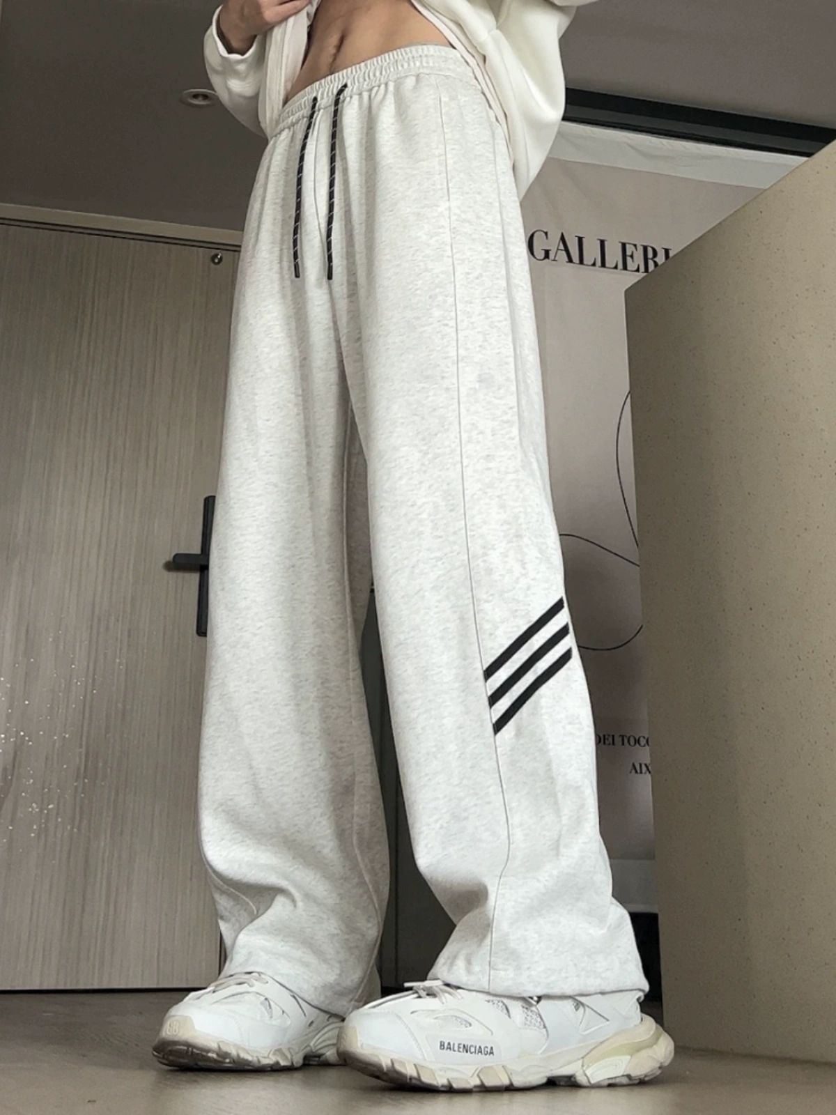 Spring and Autumn Loose All-match Straight Leg Grey Heavy Couple Sweatpants Men's Drawstring Striped High Street Casual Sports Pants