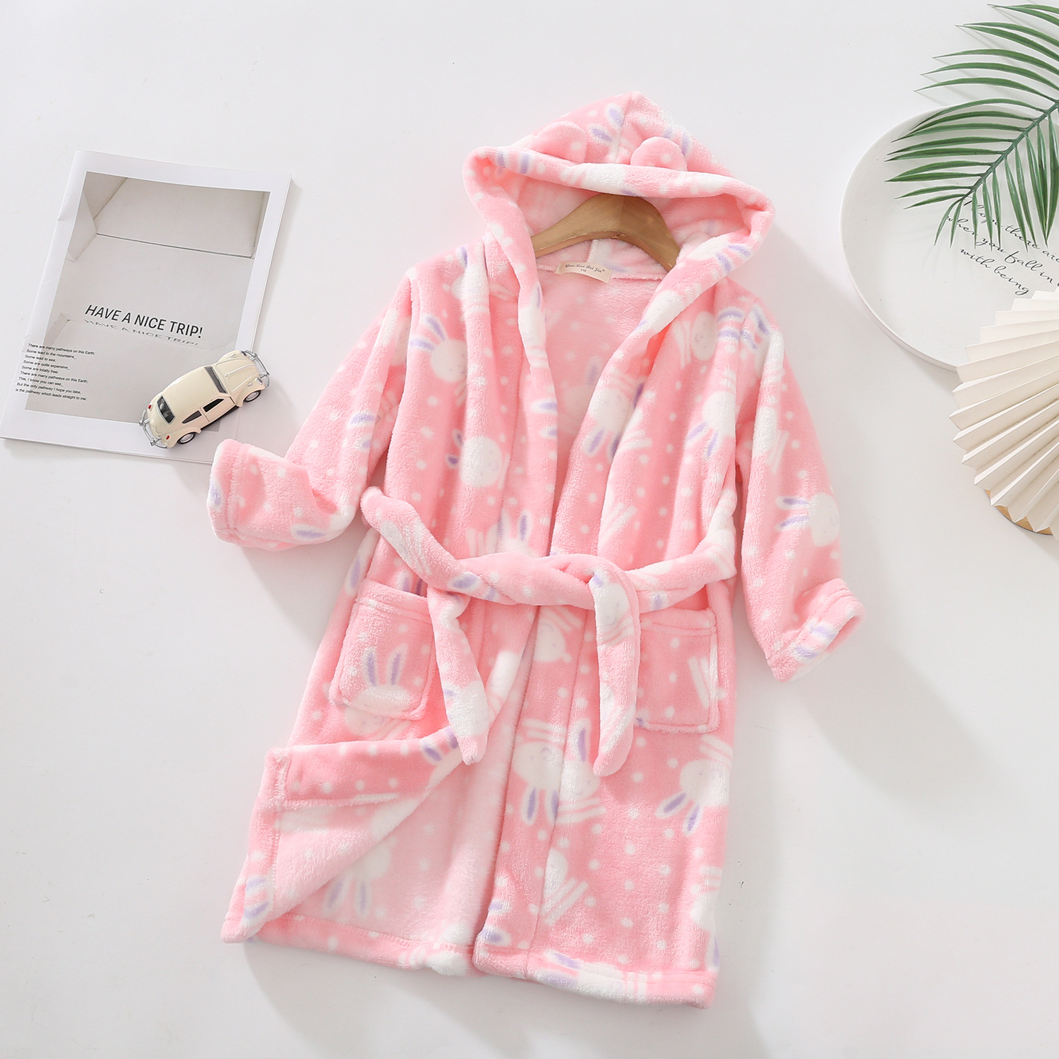 Flannel girls' printed pajamas home clothes children's double-sided fleece hooded bathrobe spring boys' sleeping with pockets