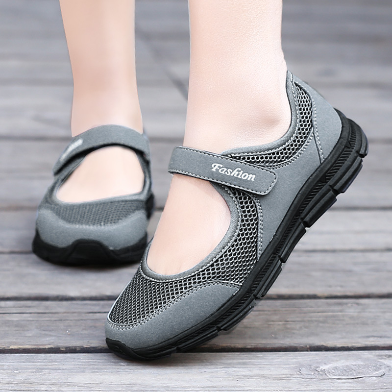 Cross-border 2021 Summer Mesh Soft-soled Walking Shoes Women's Lightweight Large Size Velcro One-step Lazy Women's Breathable Shoes