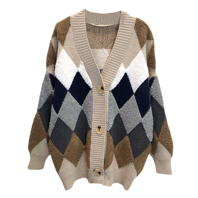 Autumn and Winter mid-length women's diamond loose towel embroidered contrast color knitted sweater comfortable casual cardigan coat lazy style