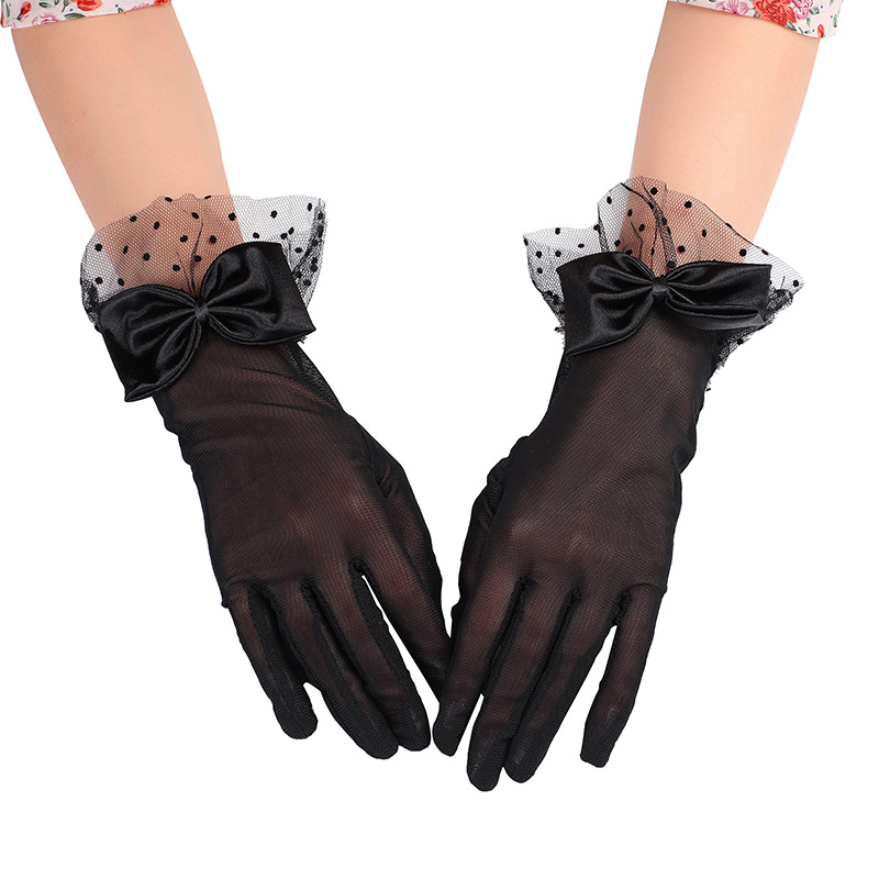 Fashion wedding bridal evening gloves polka dot mesh black lace creative bow gloves in stock