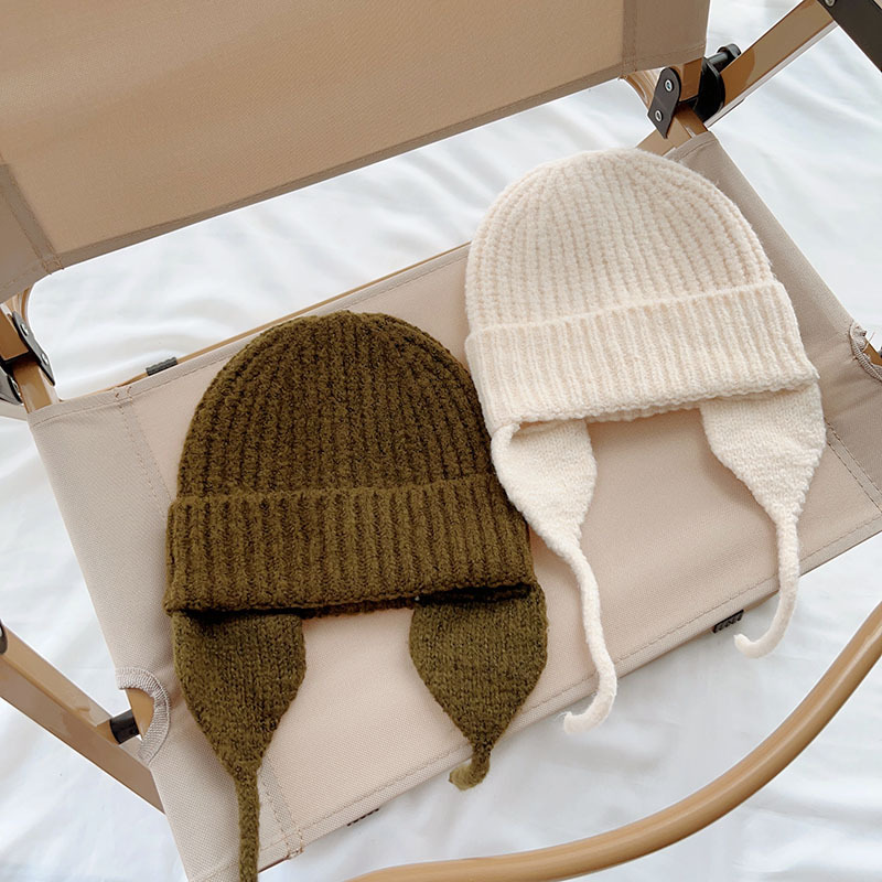 Gestrickte Ohrenschutzmütze für Kinder im japanischen Stil, neue Herbst- und Wintermütze aus dunkler, eleganter, warmer Wolle, einfarbige Strickmütze_voghion.com