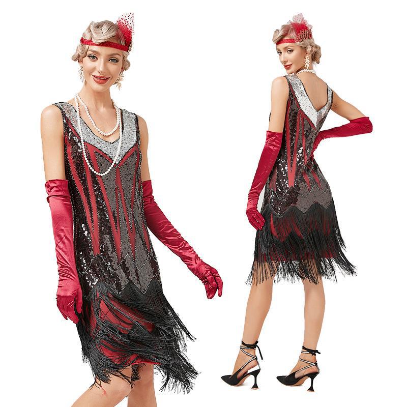 European and American retro 1920V collar double-layer tassel dress Gatsby cocktail ball sequined beaded dress