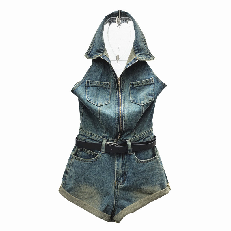 Summer new Korean style POLO collar sleeveless single-breasted vest + high waist curling wide leg shorts Denim suit women