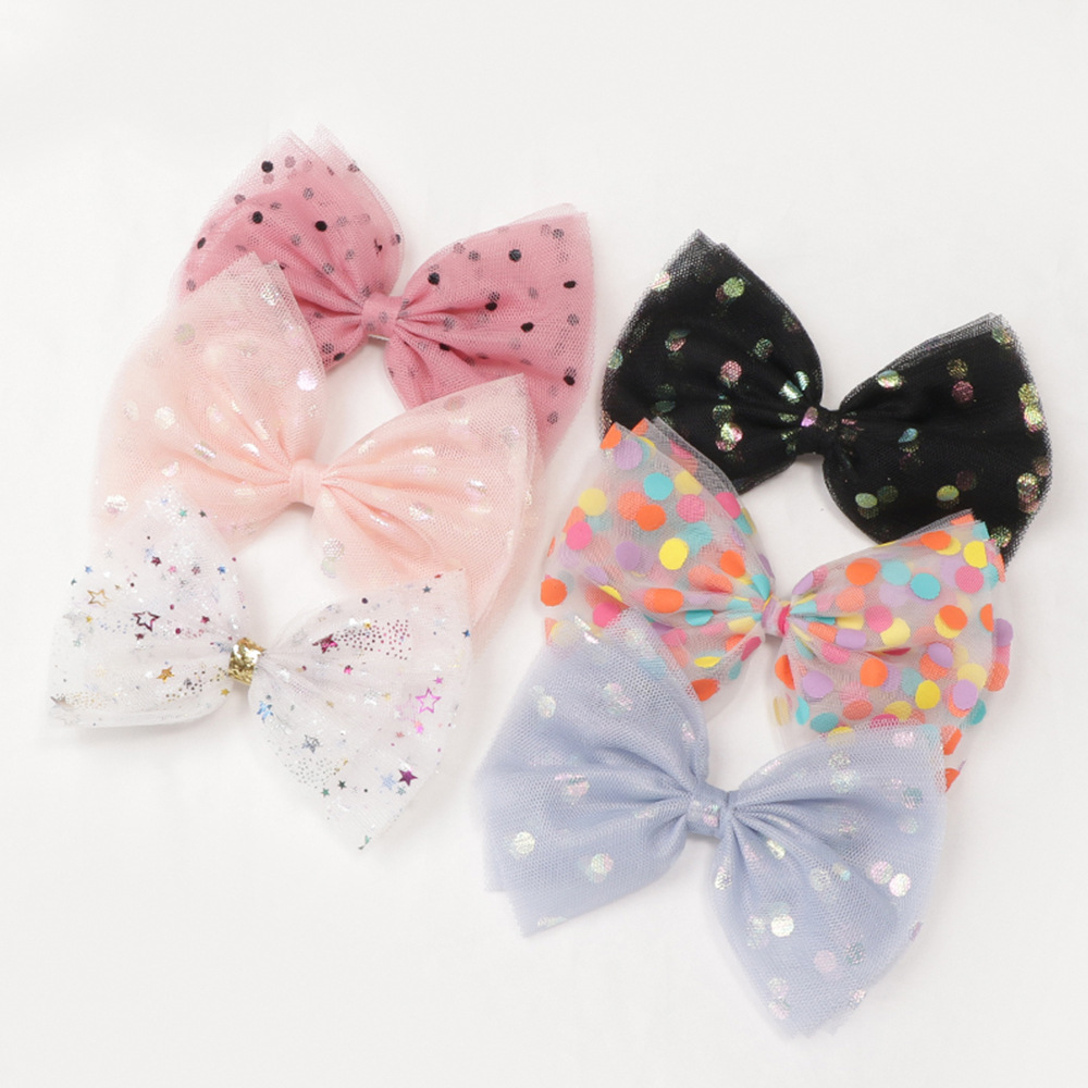 Colorful polka dot mesh children's hairpin Princess large bow hairpin snowflake star half wrapped cloth top clip