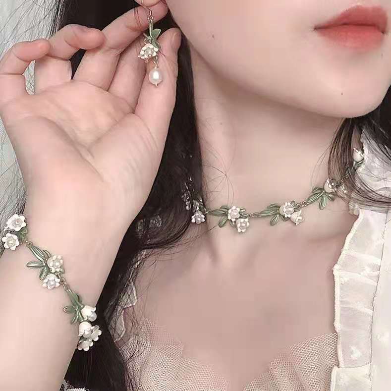 法式森系超仙復古天然珍珠vintage鈴蘭花山谷百合耳環手鍊項鍊女