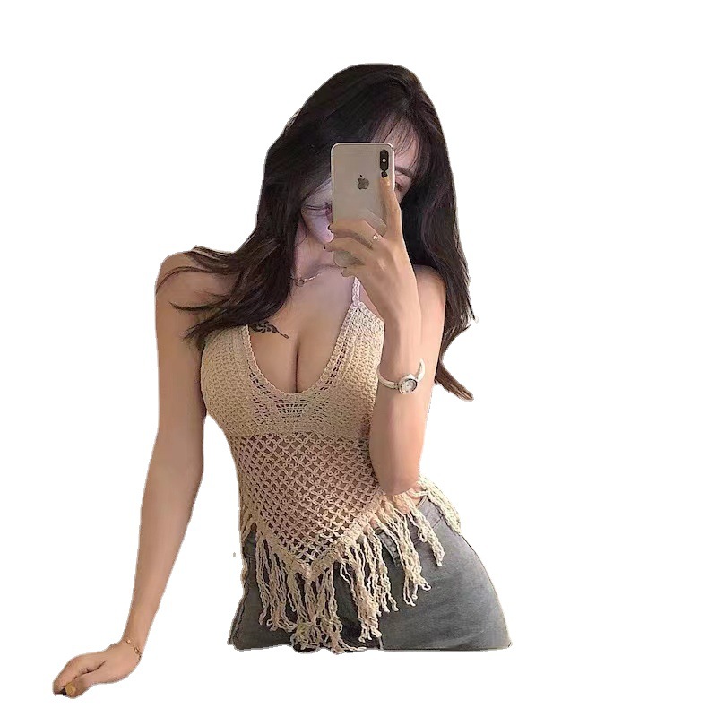 Women's Summer Thin Hollow-out Western-style Shoulder-exposed Sexy Spice Girl Top for Seaside Vacation