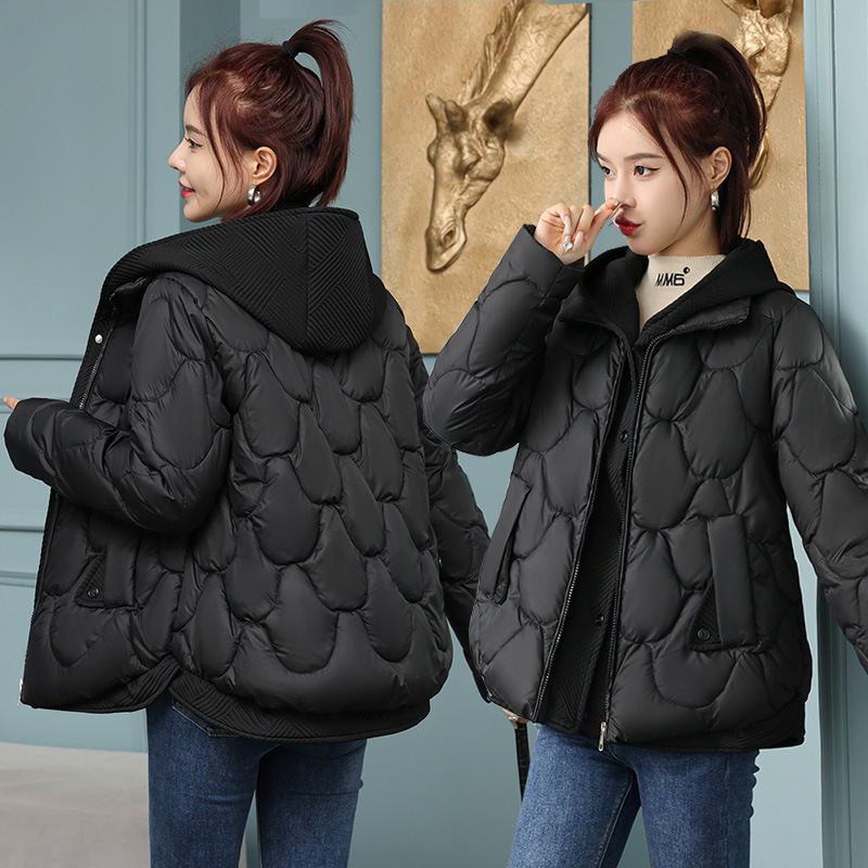 European Station Light Short Down Cotton-padded Jacket Women's Hooded Stitching Fake Two-piece Cotton-padded Clothes Winter Fashion Warm Jacket