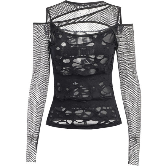 CF23498 autumn new personalized women's clothing dark style hot girl Sexy Slim mesh ripped long sleeve top for women