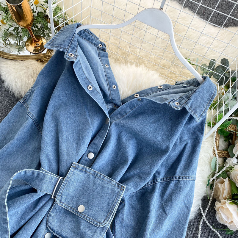 European and American Foreign Trade Cross-border Independent Station Women's Clothing Design Sense Lace-up Waist Backless Multi-wear Bag Denim Shirt Women