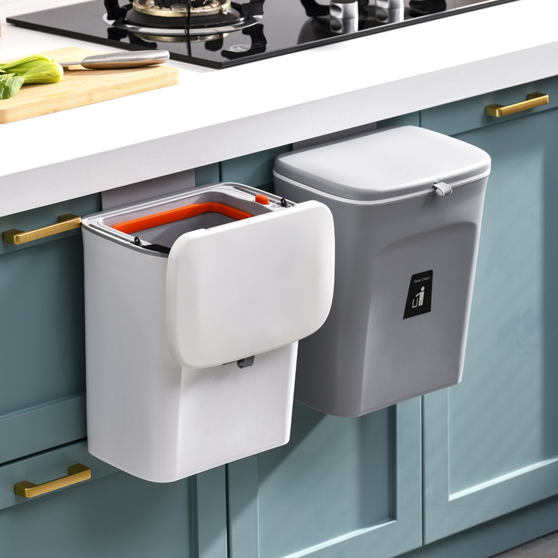 Household wall-mounted trash can with inner bin and handle kitchen cabinet door can be pasted with sliding lid trash can 9 liters