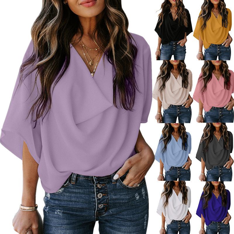 2023 Amazon wish Summer New European and American Women's Chiffon V-neck Shirt Women's Loose Casual Mid-sleeve T-shirt