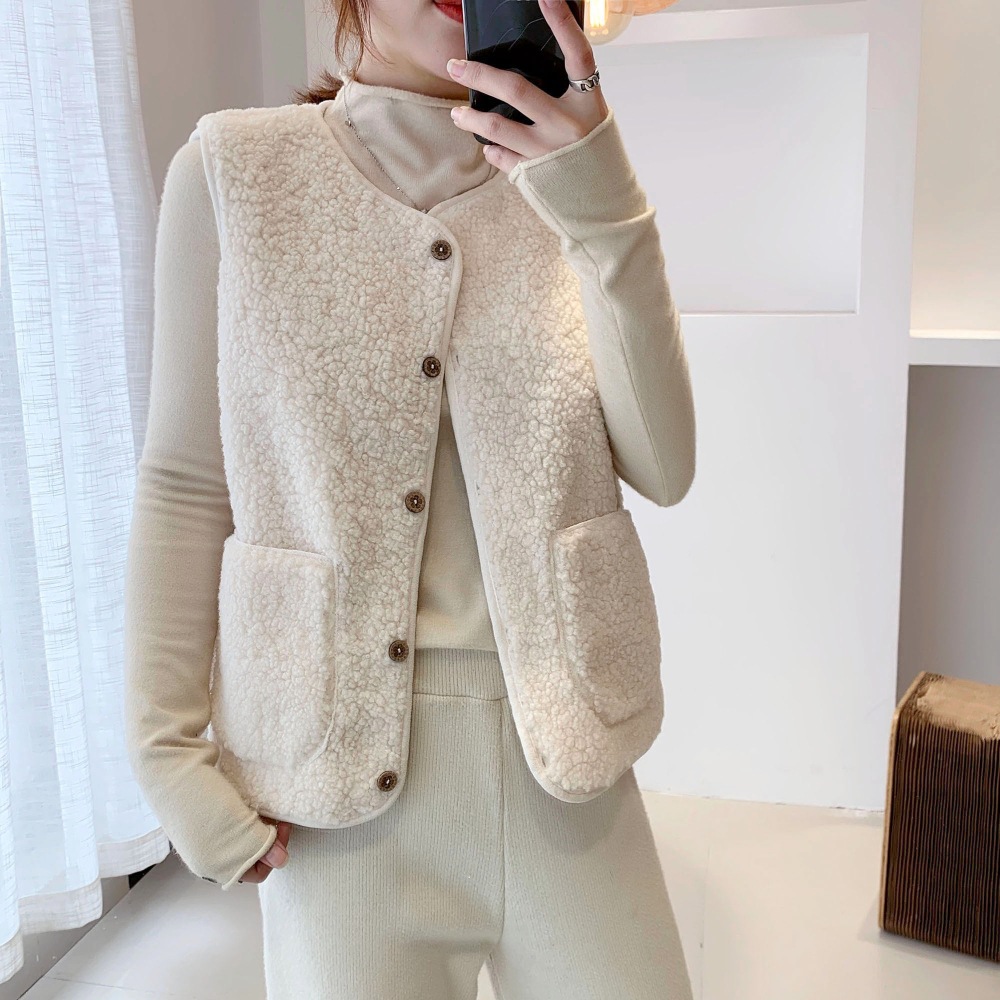 Lamb wool vest women's winter outer short style 2023 new Korean style loose plush vest jacket foreign style vest
