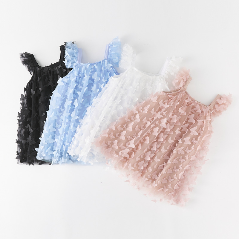 2023 Children's Skirt Summer New Butterfly 3D Embroidered Girl's Veil Skirt Flying Sleeve Dress Strap Princess Skirt Spot Hair
