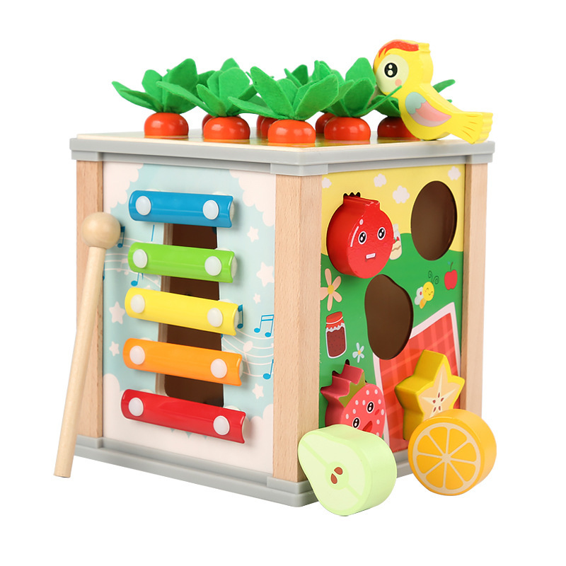 Wooden Pulling Radish and Catch Insects Shape Matching Music Kapping Piano Children's Multifunctional Nine-in-One Hundred Treasure Chest Educational Toys
