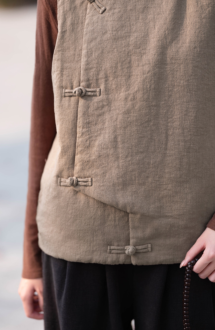 23 cotton and linen women's clothing New National style vintage buckle cotton vest top women's sand wash linen quilted warm vest_voghion.com