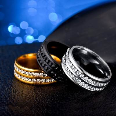 Cross-border European and American Explosions Titanium Steel Double-row Diamond Ring Korean Fashion Stainless Steel Diamond Couple Ring Women's Jewelry