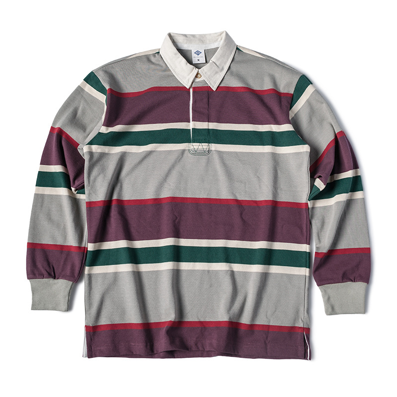 In STOCK men's waiter NON-STOCK Men's Heavy striped lapel T-shirt American retro long sleeve polo shirt