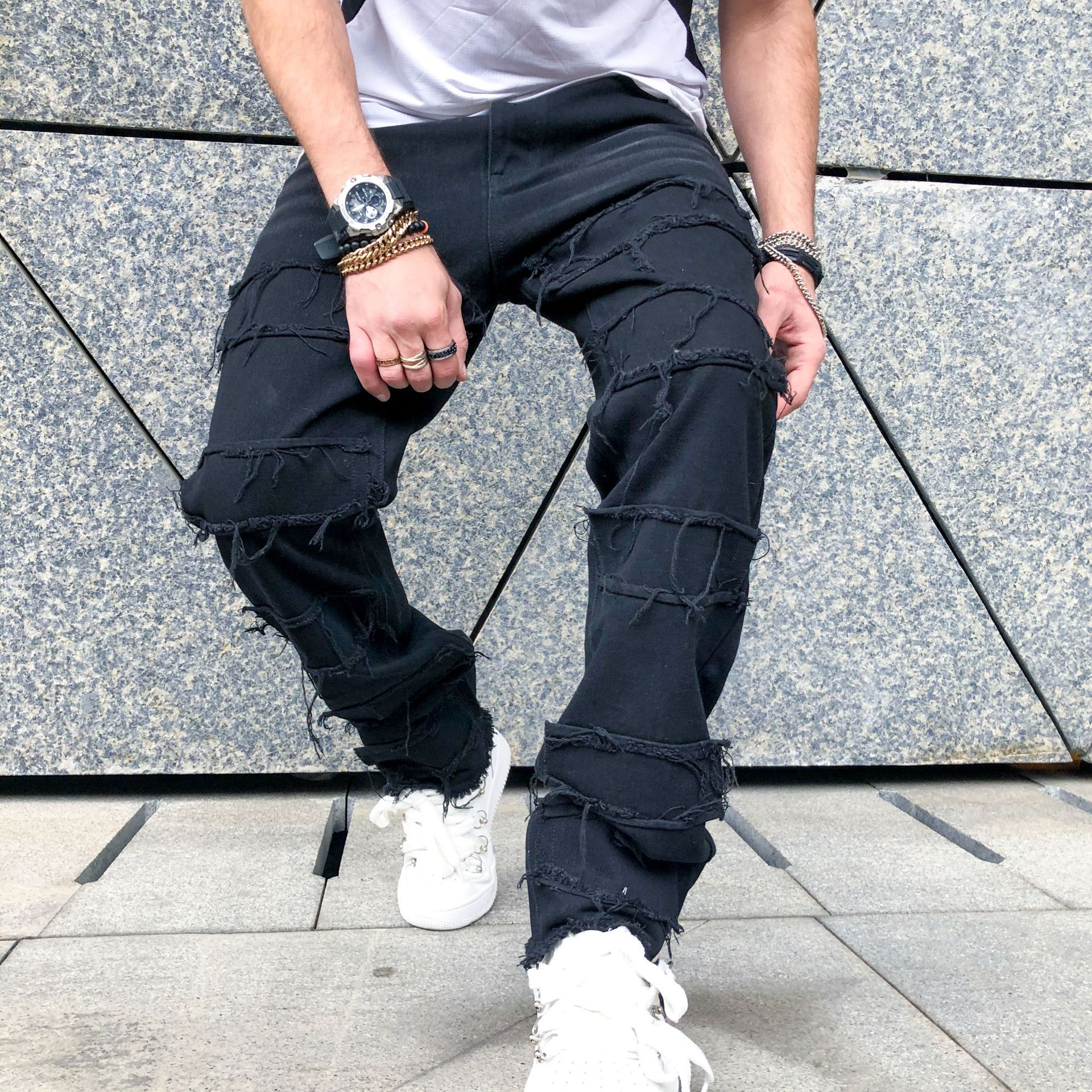 2023 cross-border foreign trade retro casual jeans men's American-style black loose trousers high street wide-leg pants self-shot picture
