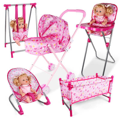 Children's play toy trolley with doll simulation baby dining chair rocking chair swing bed set toy