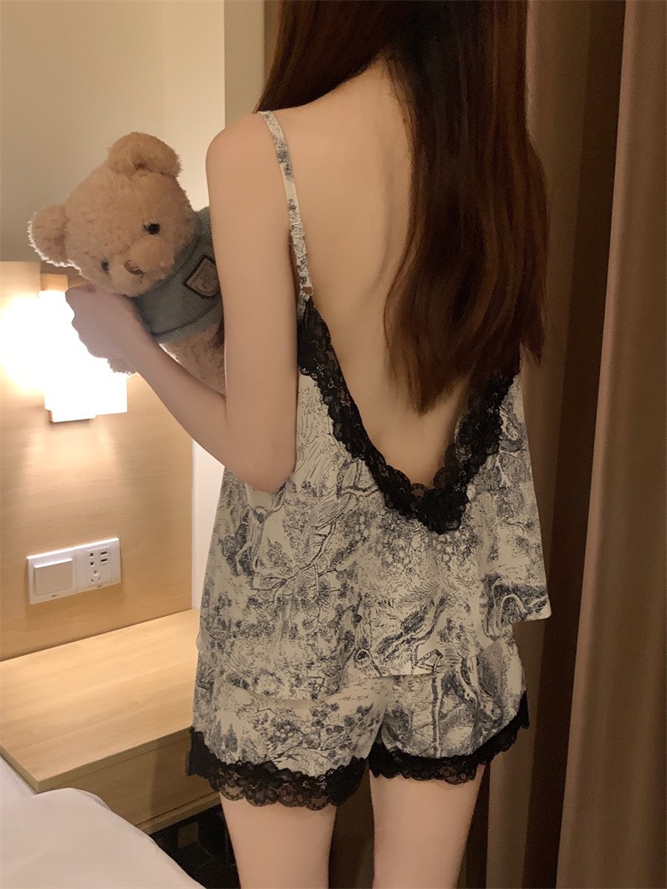 Ice Silk Pajamas Women's Summer Girls Pure Sling Shorts Home Clothes Suit Pajamas Women's Ink Painting Sexy Nightgown