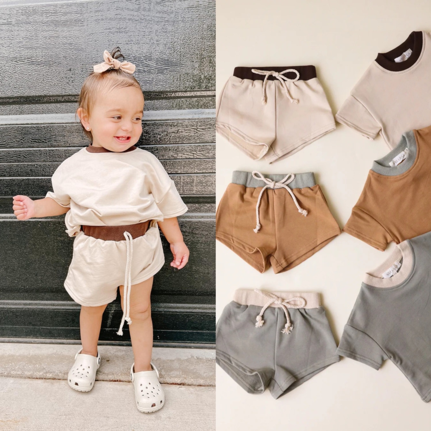Nordic INS Explosions Children's Solid Color Short-sleeved suit Amazon Baby Hot-selling Loose Cotton Shorts Two-piece Set