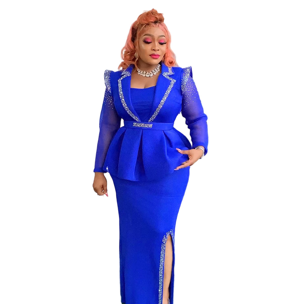 European and American cross-border foreign trade grid rhinestone temperament professional women's clothing plus size AliExpress African fake two-piece set dress