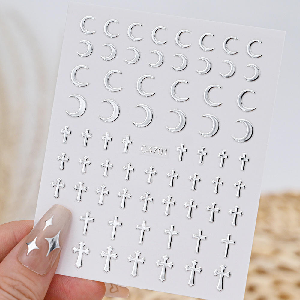 New liquid metal silver nail sticker y2g Millennium style Cross Heart star love small size pattern nail sticker